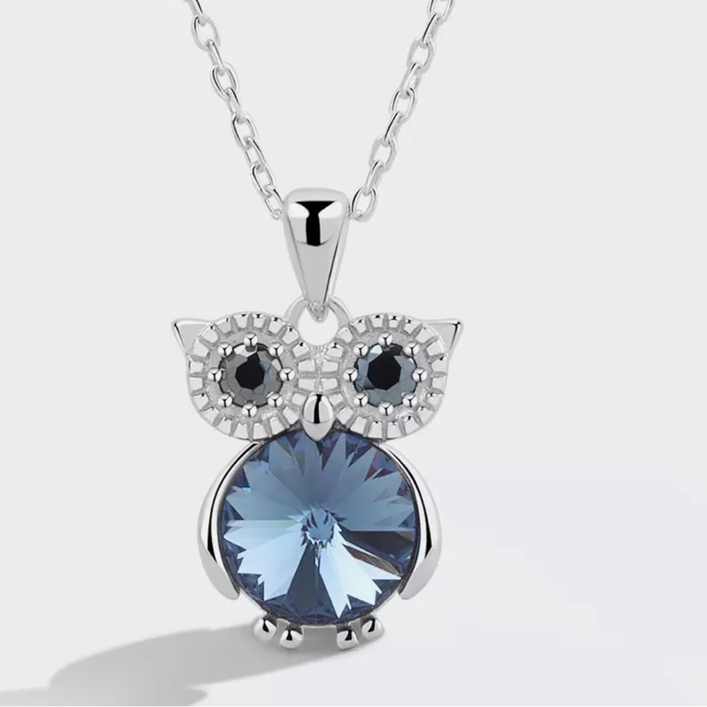 925 Sterling Silver Blue Cute Owl Stone Choker Necklace